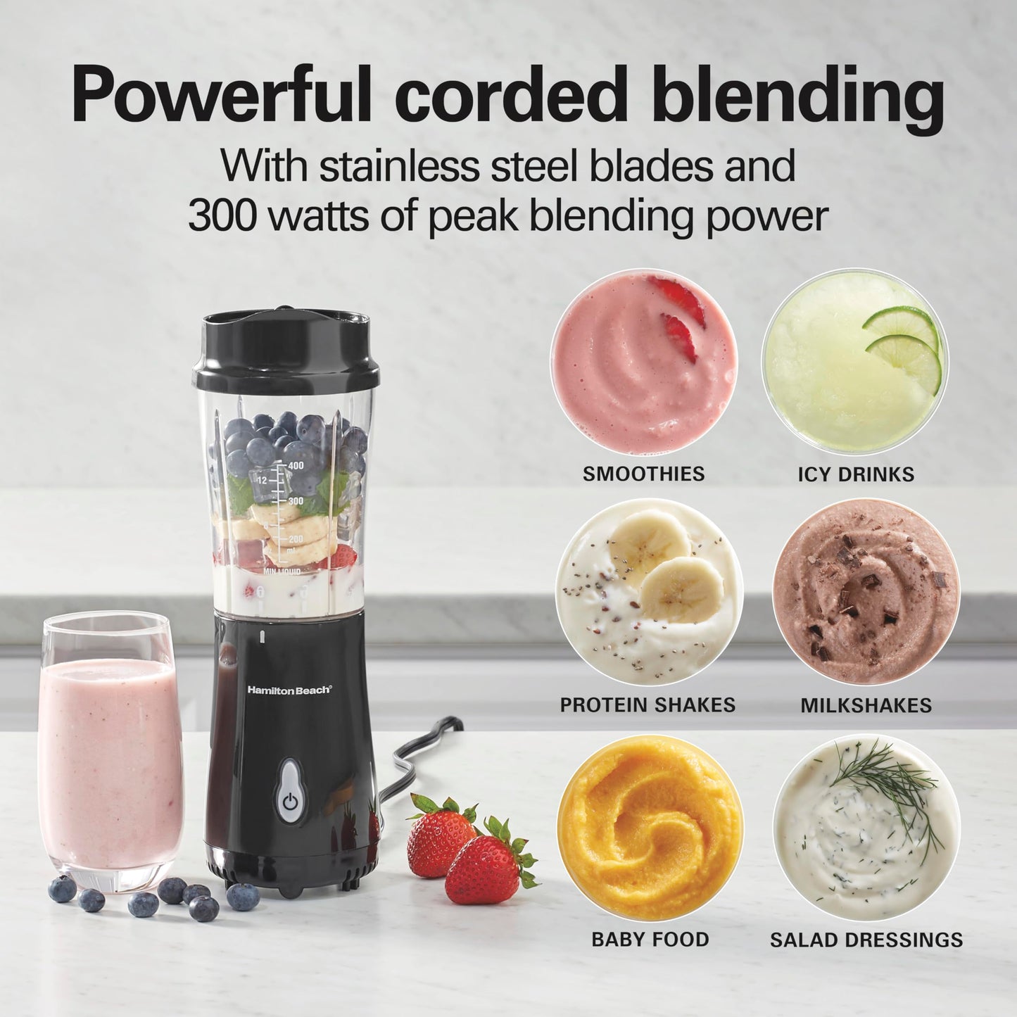 Hamilton Beach Portable Blender for Shakes and Smoothies with 14 Oz BPA Free Travel Cup and Lid, Durable Stainless Steel Blades for Powerful Blending Performance, Coral (51171)