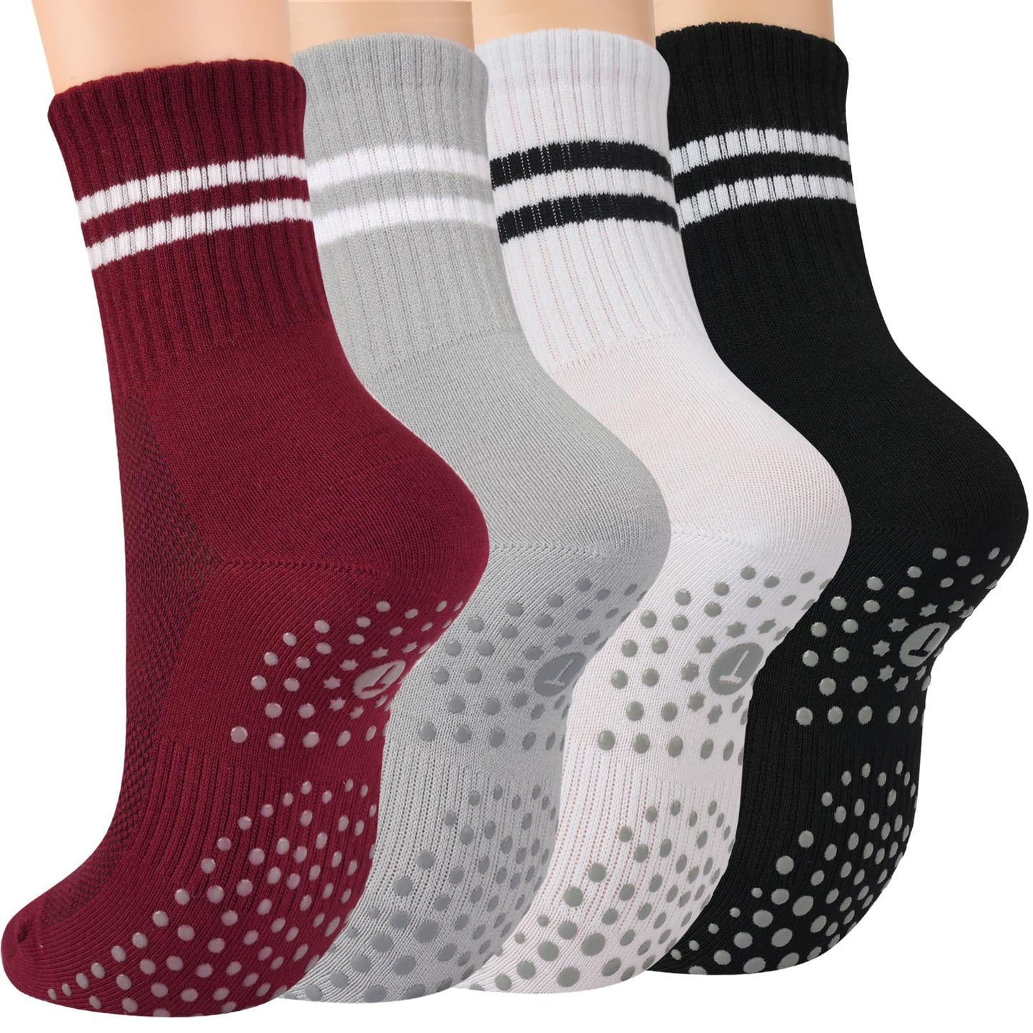 Toes Home Pilates Socks for Women with Non Slip Grippers, Yoga Crew Socks for Barre Hospital Sticky Slipper Socks 4 Pairs