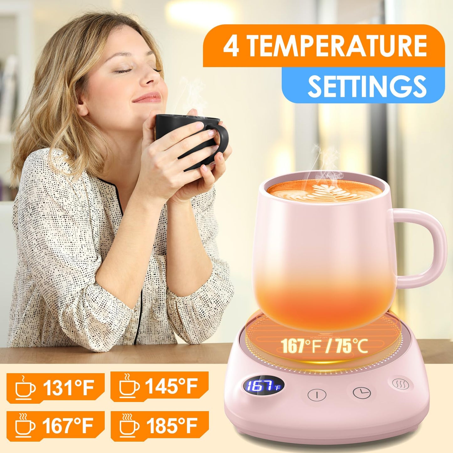 Coffee Mug Warmer - Fastest Heating & Highest Temperature, Coffee Cup Warmer for Desk Auto Shut Off, 4 Temp Settings & 1-12H Timer, Smart Electric Beverage Warmer for Coffee, Tea, Water