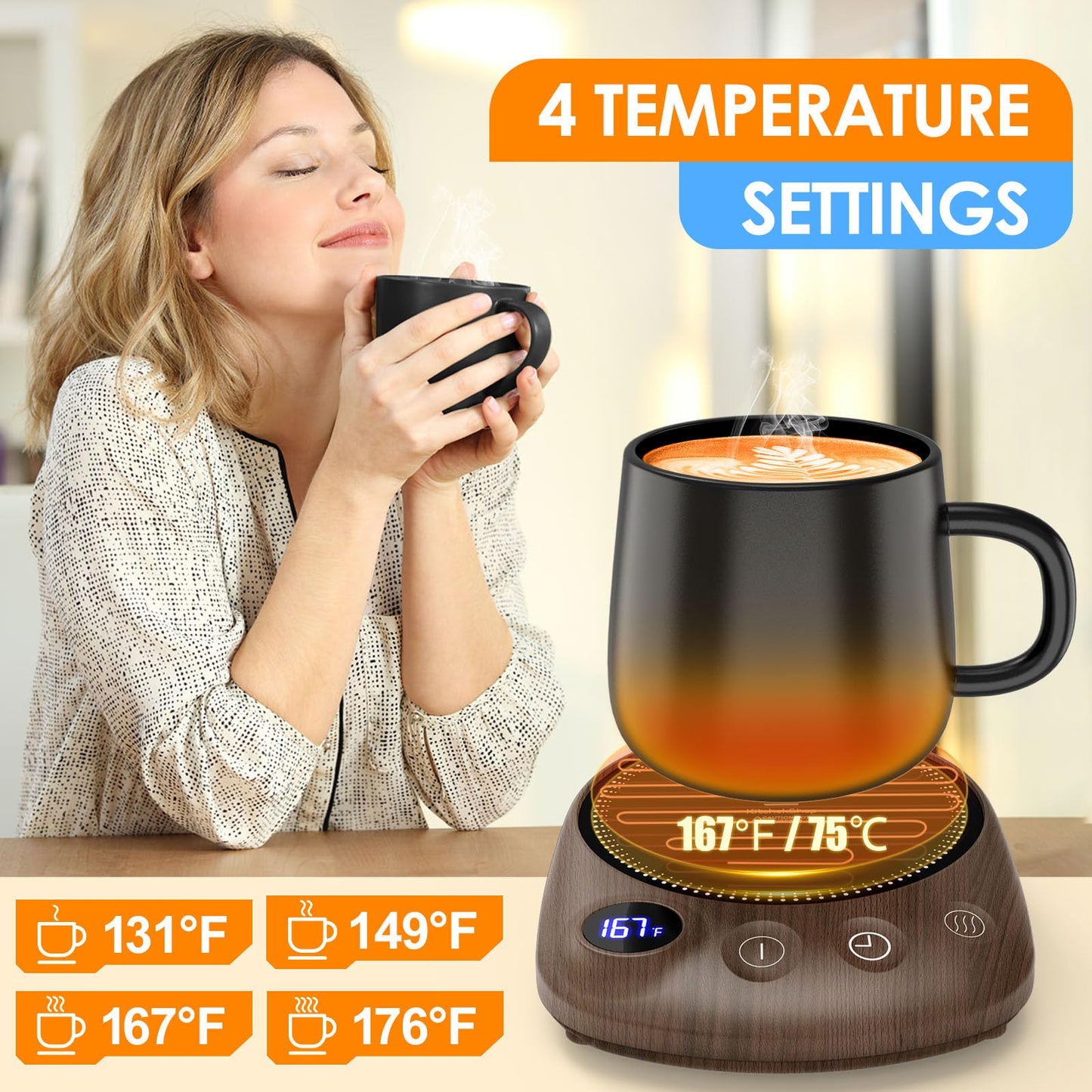 Coffee Mug Warmer - Fastest Heating & Highest Temperature, Coffee Cup Warmer for Desk Auto Shut Off, 4 Temp Settings & 1-12H Timer, Smart Electric Beverage Warmer for Coffee, Tea, Water