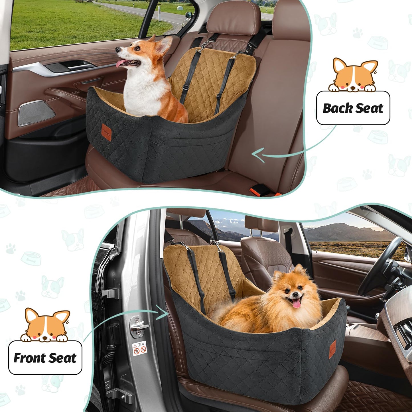 Dog Booster Car Seat,Pet Car Seat Easy to Install,Car Dog Bed with Anti Slip Bottom,Fully Detachable and Washable Dog Travel Car Bed,Snug Puppy Car Seat (Black/Coffee, Medium)