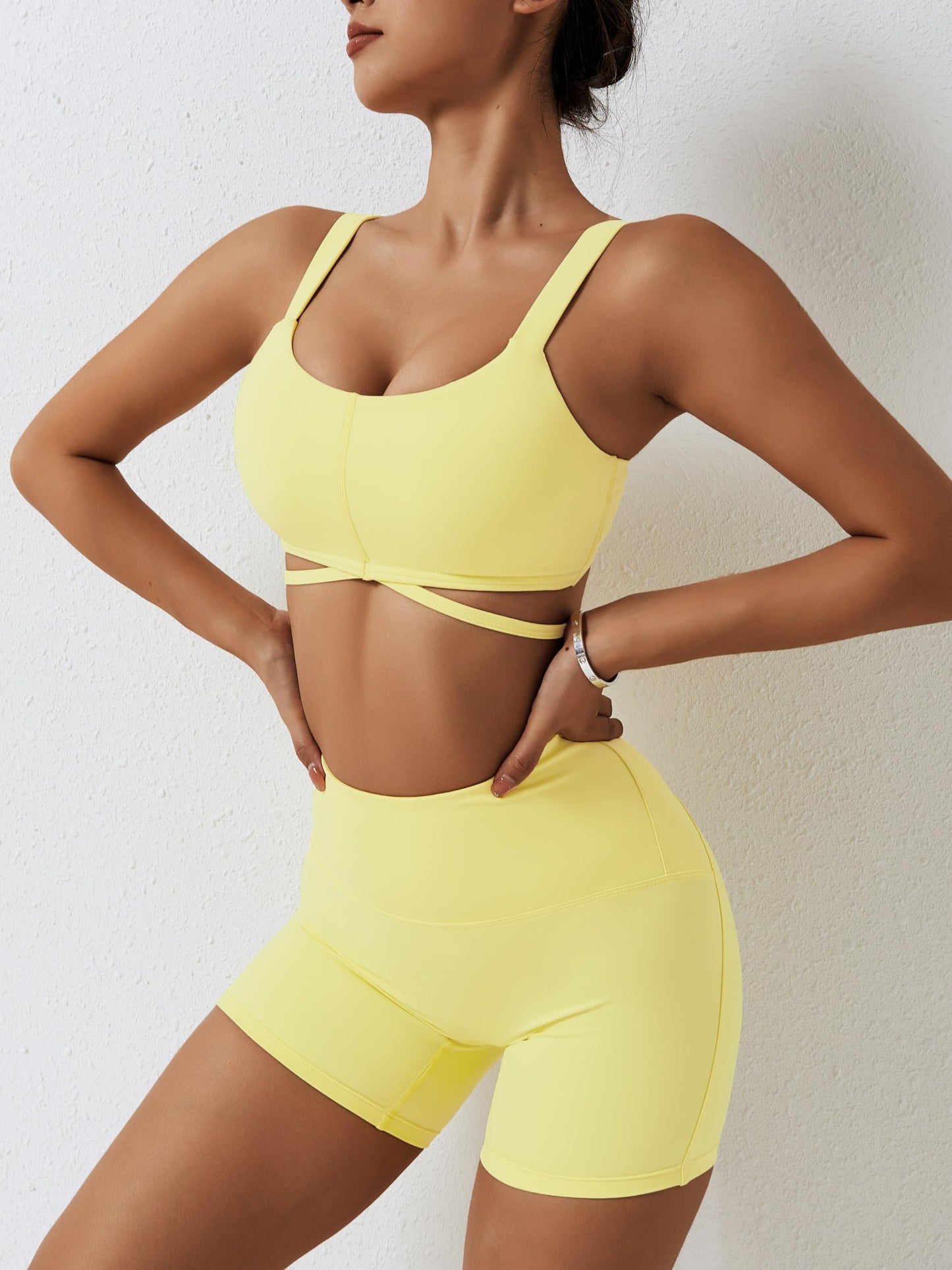 ABOCIW Workout Sets for Women 2 Piece Twist Front Halter Sports Bras High Waist Booty Shorts Exercise Gym Yoga Outfit