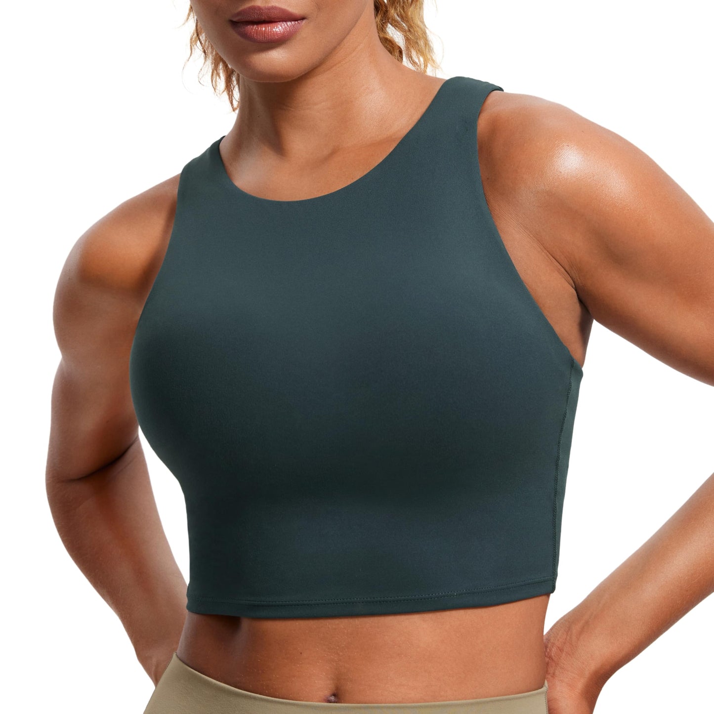 CRZ YOGA Butterluxe Racerback High Neck Longline Sports Bras for Women - Padded Workout Crop Tank Tops with Built in Bra