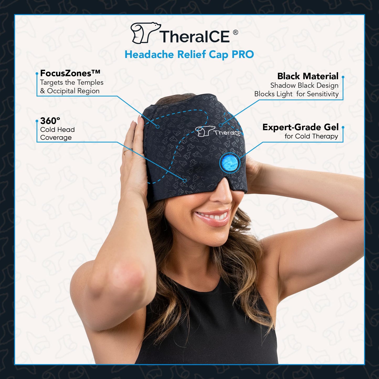 TheraICE Migraine Relief Cap, Soothing Headache Hat Ice Pack Mask, Face Cold Compress Cooling Gel Head Wrap Products for Tension, Stress & Hangover