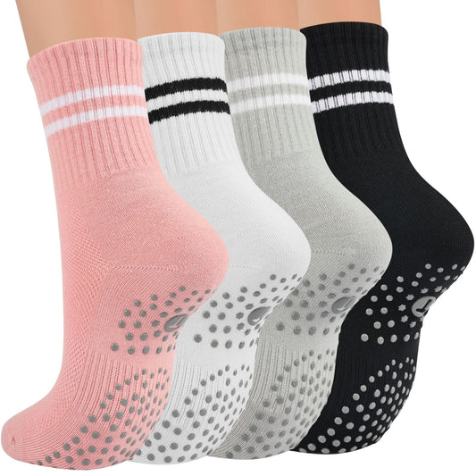 Toes Home Pilates Socks for Women with Non Slip Grippers, Yoga Crew Socks for Barre Hospital Sticky Slipper Socks 4 Pairs