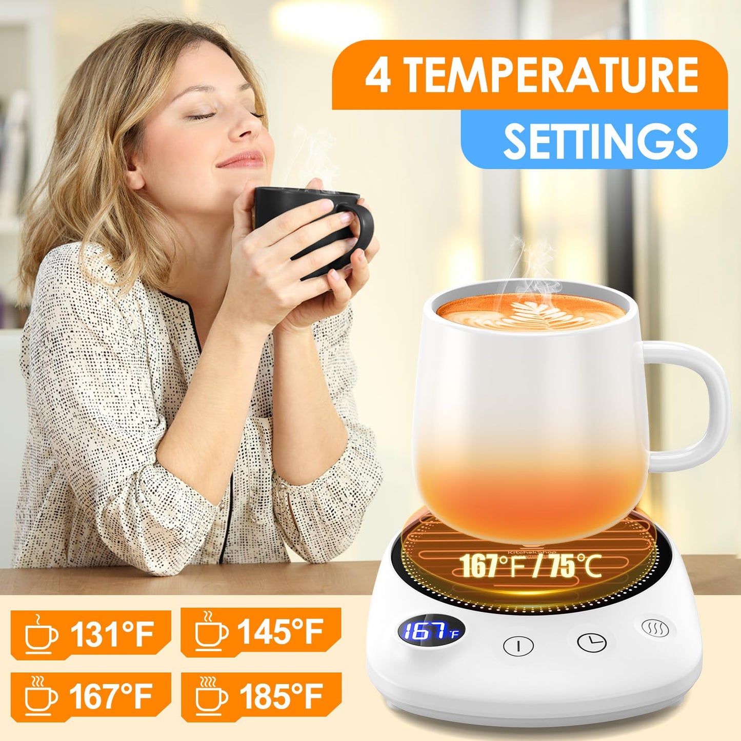 Coffee Mug Warmer - Fastest Heating & Highest Temperature, Coffee Cup Warmer for Desk Auto Shut Off, 4 Temp Settings & 1-12H Timer, Smart Electric Beverage Warmer for Coffee, Tea, Water