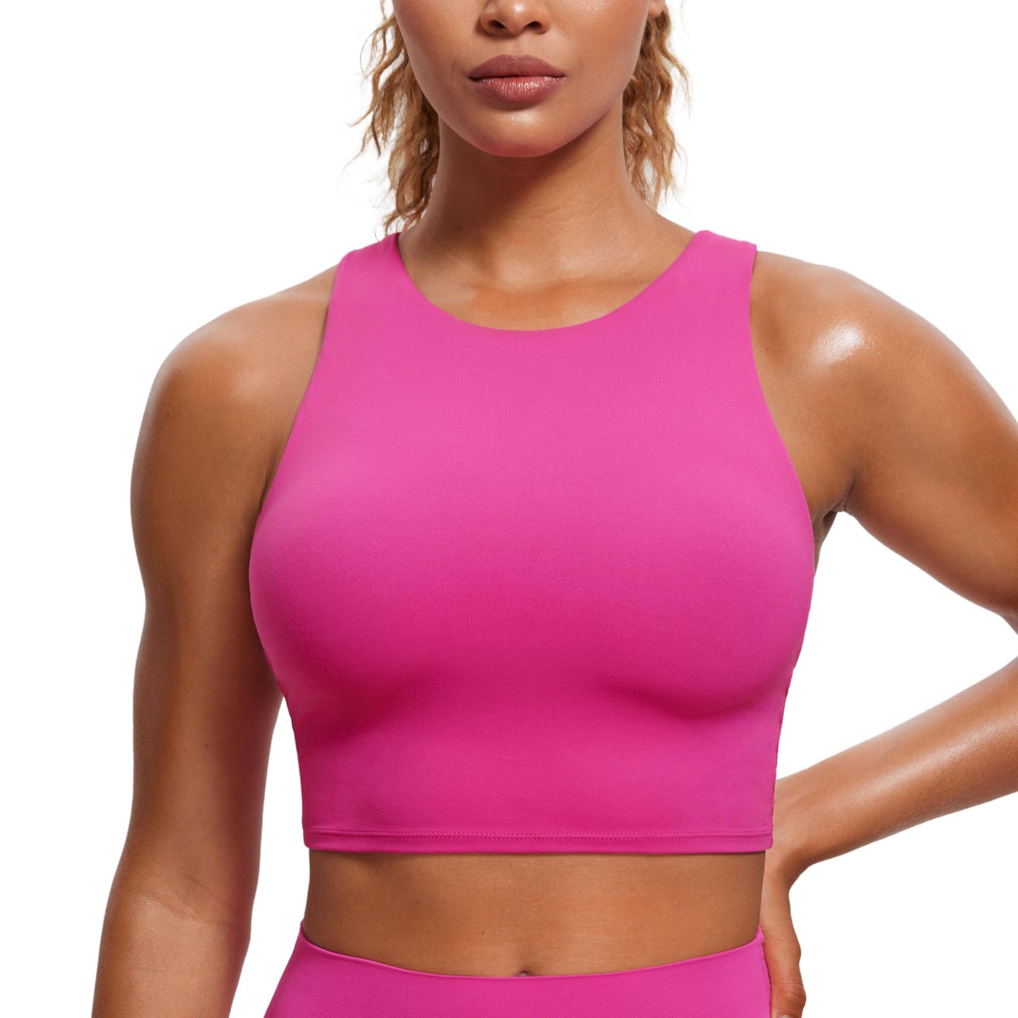 CRZ YOGA Butterluxe Racerback High Neck Longline Sports Bras for Women - Padded Workout Crop Tank Tops with Built in Bra