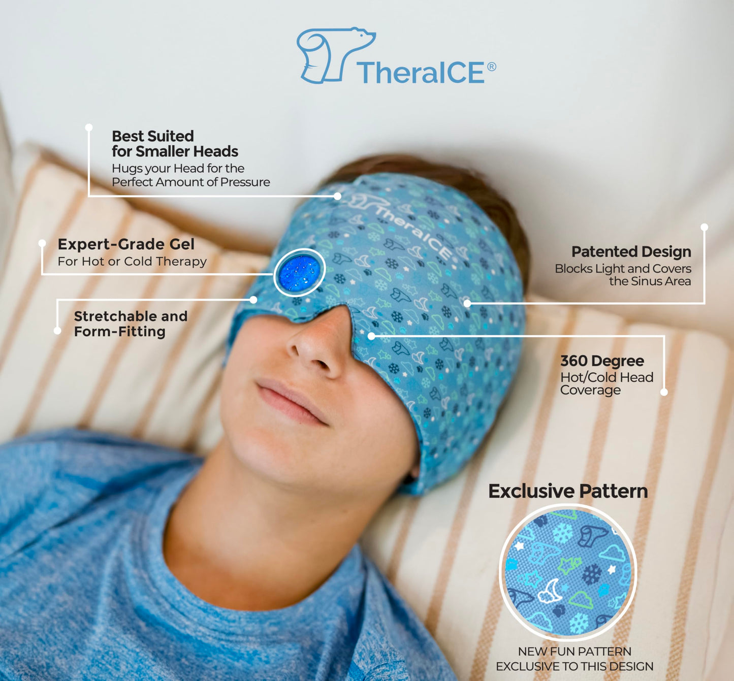 TheraICE Migraine Relief Cap, Soothing Headache Hat Ice Pack Mask, Face Cold Compress Cooling Gel Head Wrap Products for Tension, Stress & Hangover