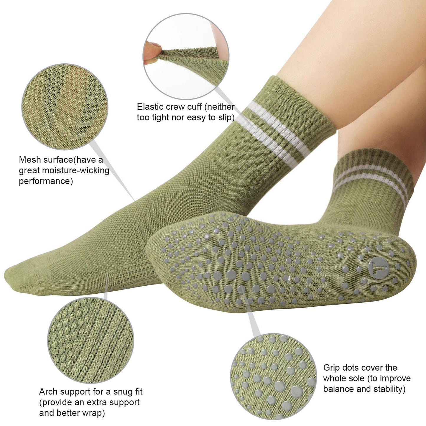 Toes Home Pilates Socks for Women with Non Slip Grippers, Yoga Crew Socks for Barre Hospital Sticky Slipper Socks 4 Pairs