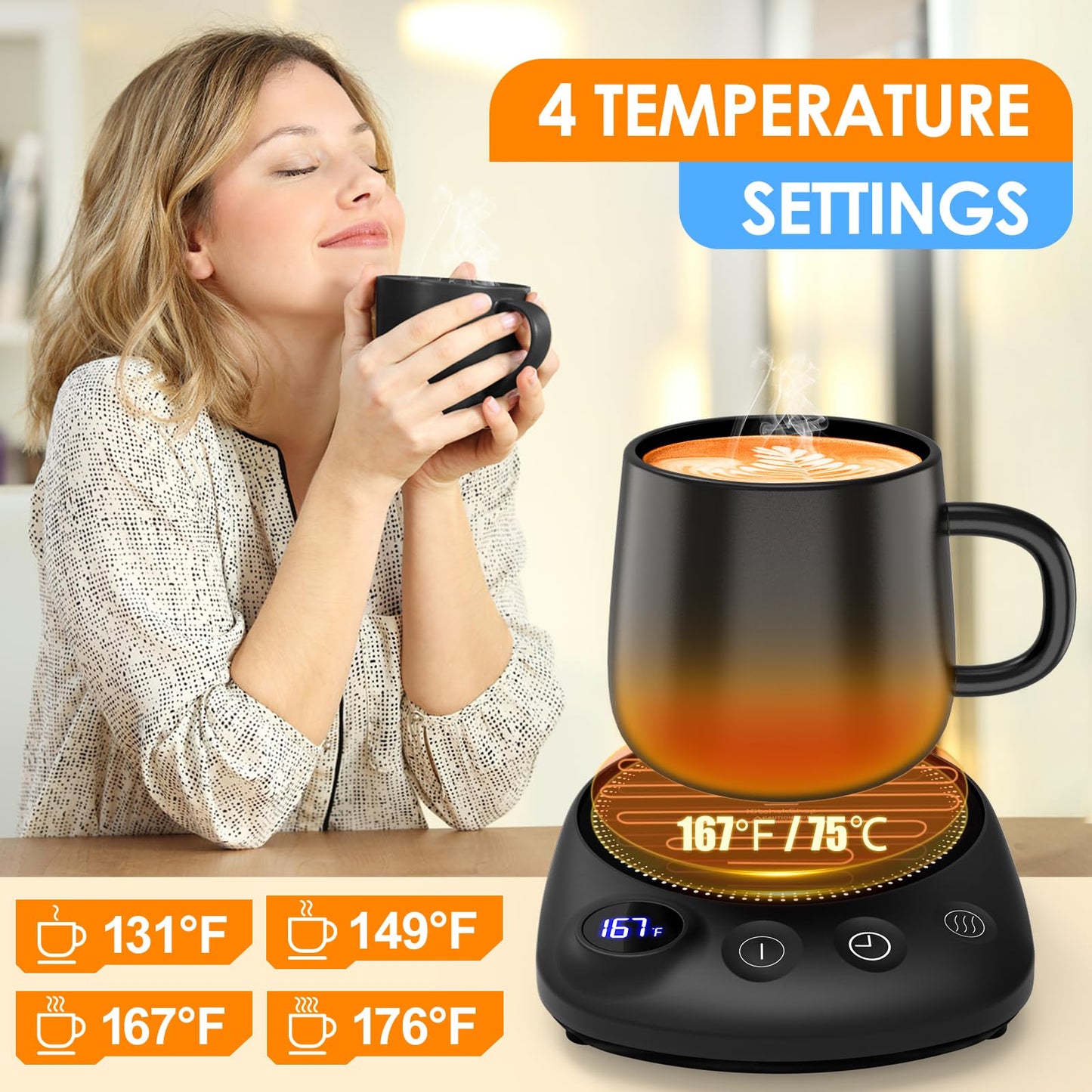 Coffee Mug Warmer - Fastest Heating & Highest Temperature, Coffee Cup Warmer for Desk Auto Shut Off, 4 Temp Settings & 1-12H Timer, Smart Electric Beverage Warmer for Coffee, Tea, Water