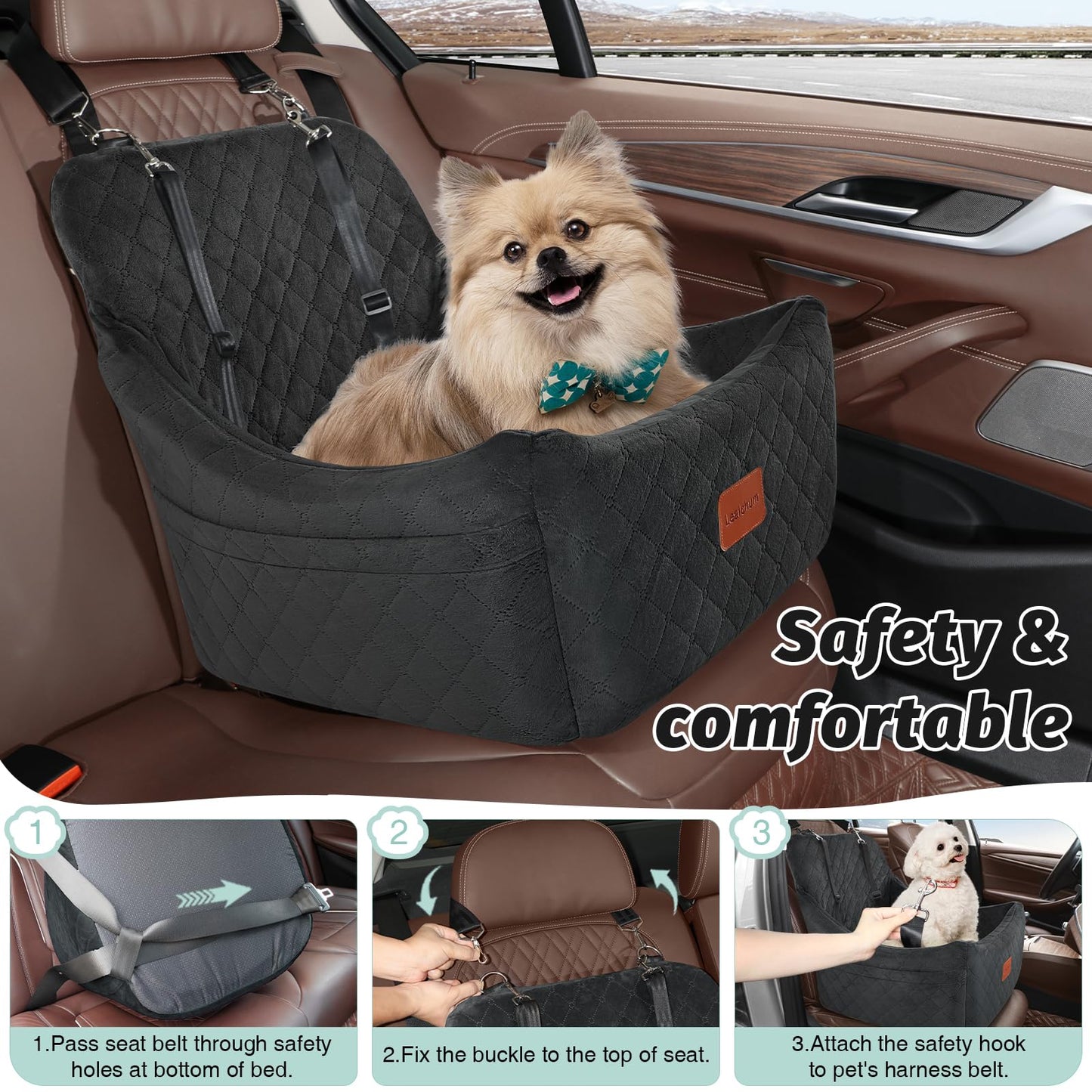 Dog Booster Car Seat,Pet Car Seat Easy to Install,Car Dog Bed with Anti Slip Bottom,Fully Detachable and Washable Dog Travel Car Bed,Snug Puppy Car Seat (Black/Coffee, Medium)