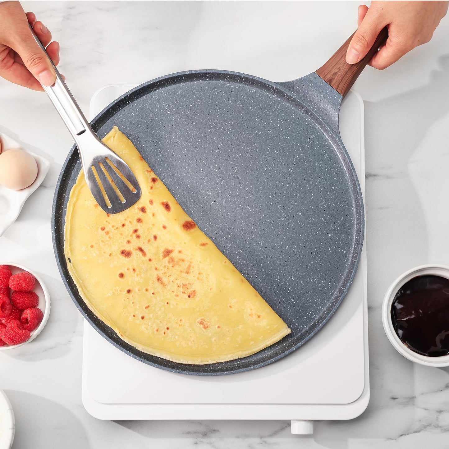 SENSARTE Nonstick Crepe Pan with Spreader, 10-Inch Natural Ceramic Coating Dosa Pan Pancake Flat Skillet Tawa Griddle with Stay-Cool Handle, Induction Compatible, PFOA Free (White)