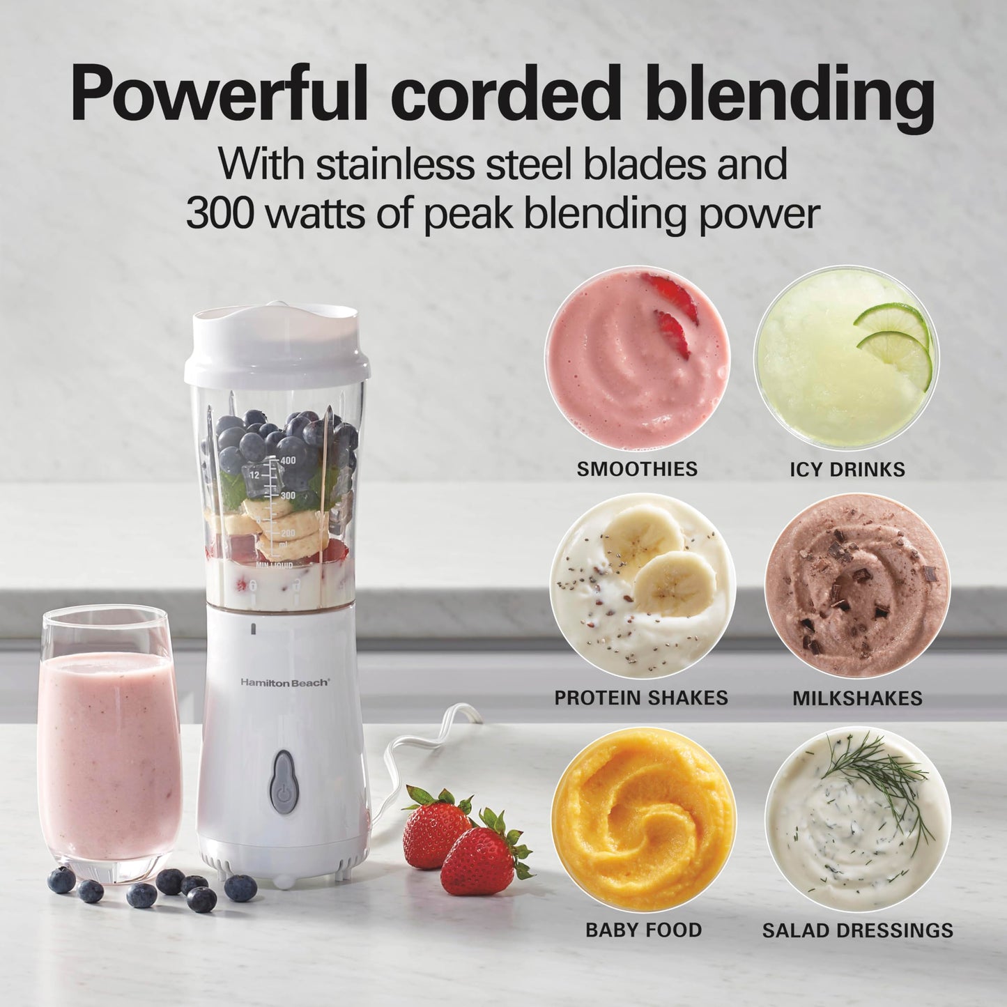 Hamilton Beach Portable Blender for Shakes and Smoothies with 14 Oz BPA Free Travel Cup and Lid, Durable Stainless Steel Blades for Powerful Blending Performance, Coral (51171)