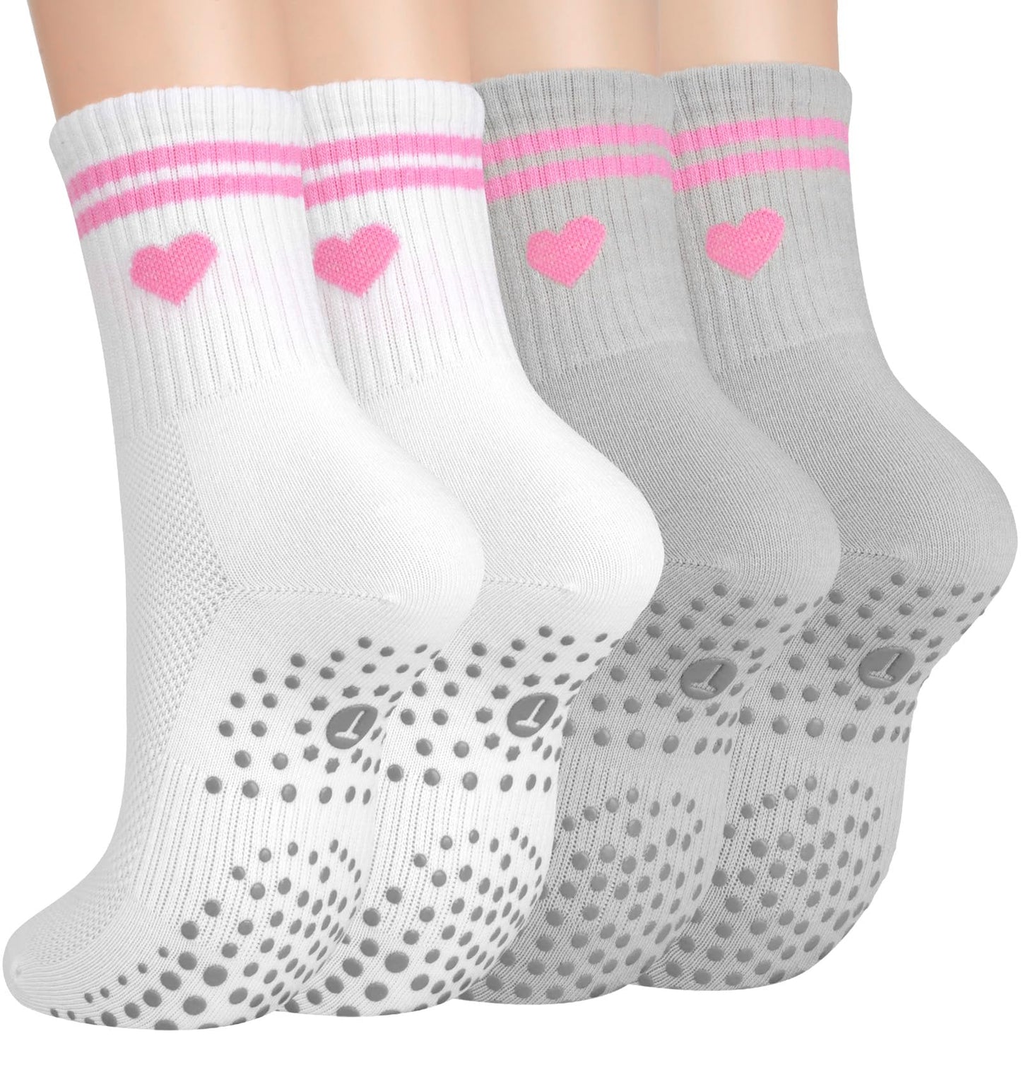 Toes Home Pilates Socks for Women with Non Slip Grippers, Yoga Crew Socks for Barre Hospital Sticky Slipper Socks 4 Pairs