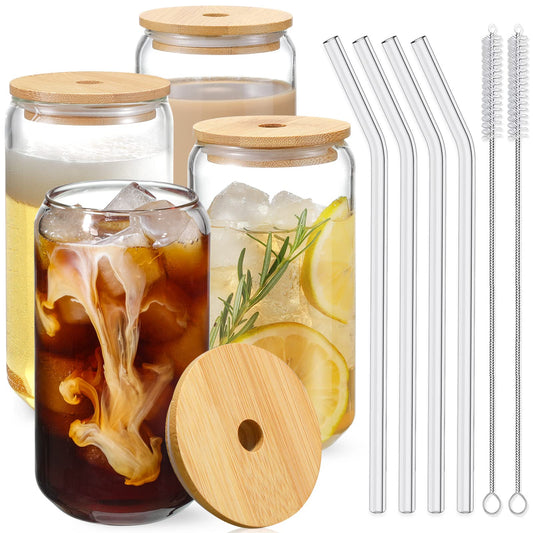 Drinking Glasses with Bamboo Lids and Glass Straw 4pcs Set - 16oz Glass Cups, Iced Coffee Glasses, Cute iced Tea Glasses, Beer Glasses, Ideal for Coffee Bar Accessories, Aesthetic Gift - 2 Brushes