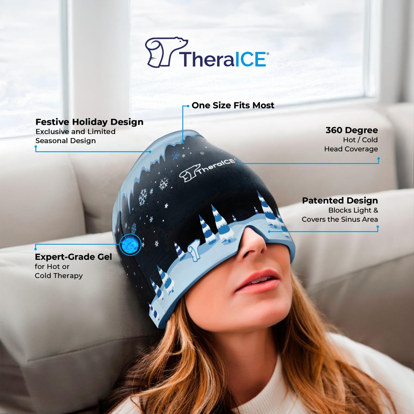 TheraICE Migraine Relief Cap, Soothing Headache Hat Ice Pack Mask, Face Cold Compress Cooling Gel Head Wrap Products for Tension, Stress & Hangover