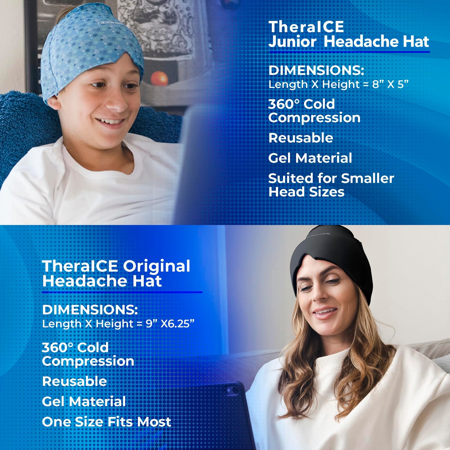 TheraICE Migraine Relief Cap, Soothing Headache Hat Ice Pack Mask, Face Cold Compress Cooling Gel Head Wrap Products for Tension, Stress & Hangover