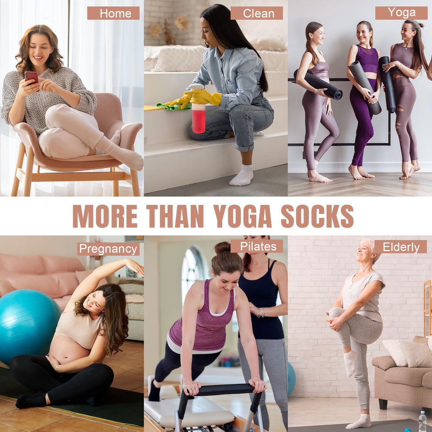 Toes Home Pilates Socks for Women with Non Slip Grippers, Yoga Crew Socks for Barre Hospital Sticky Slipper Socks 4 Pairs