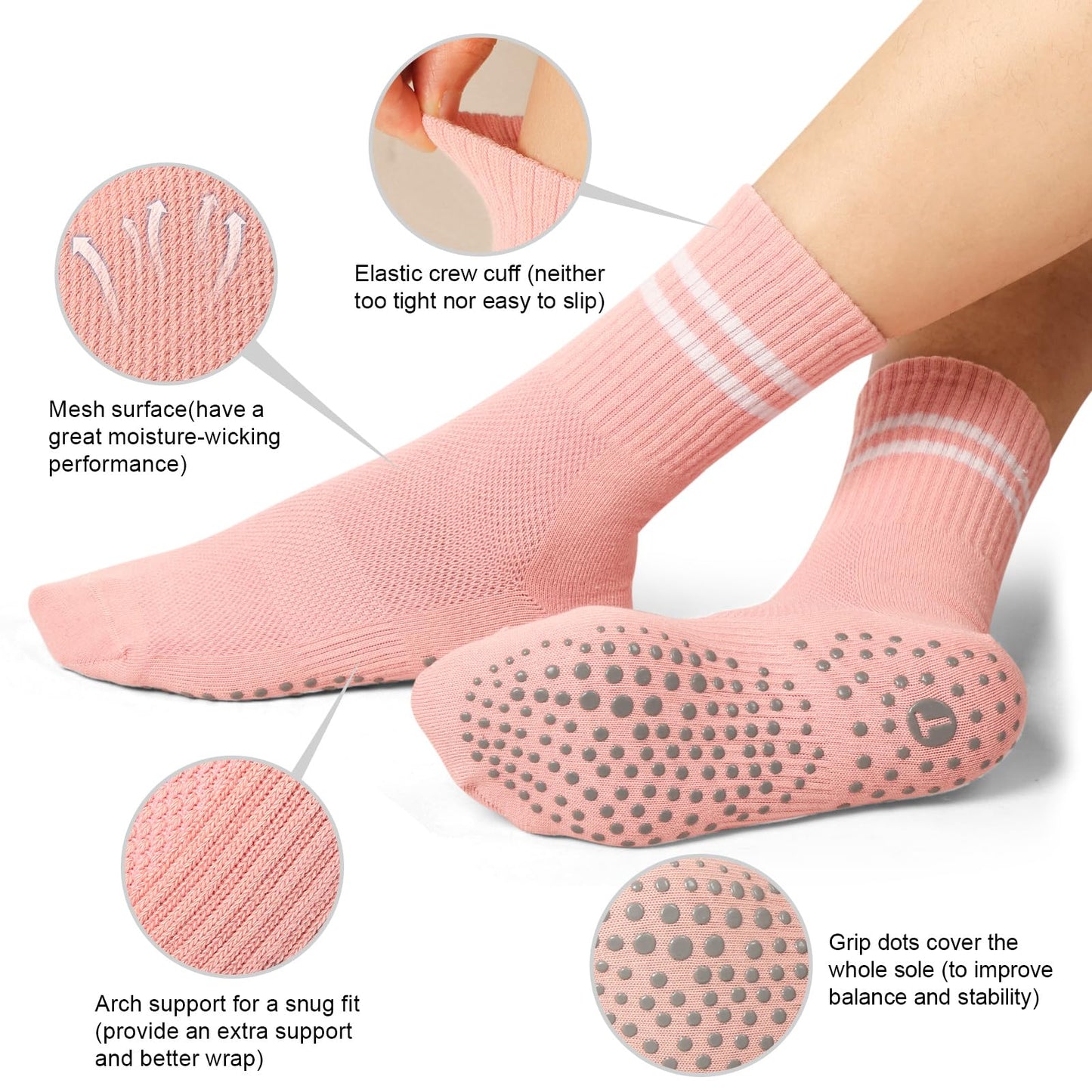 Toes Home Pilates Socks for Women with Non Slip Grippers, Yoga Crew Socks for Barre Hospital Sticky Slipper Socks 4 Pairs