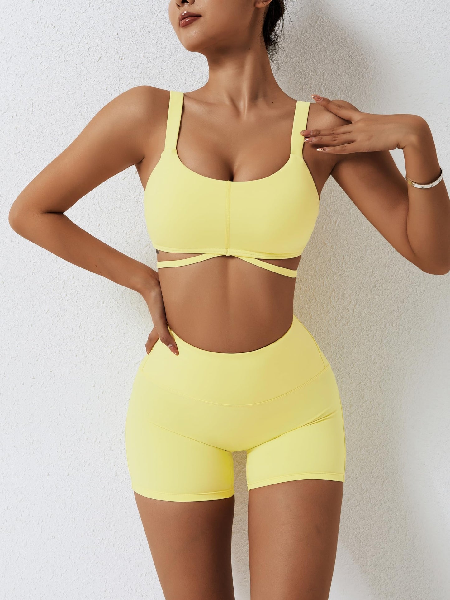 ABOCIW Workout Sets for Women 2 Piece Twist Front Halter Sports Bras High Waist Booty Shorts Exercise Gym Yoga Outfit