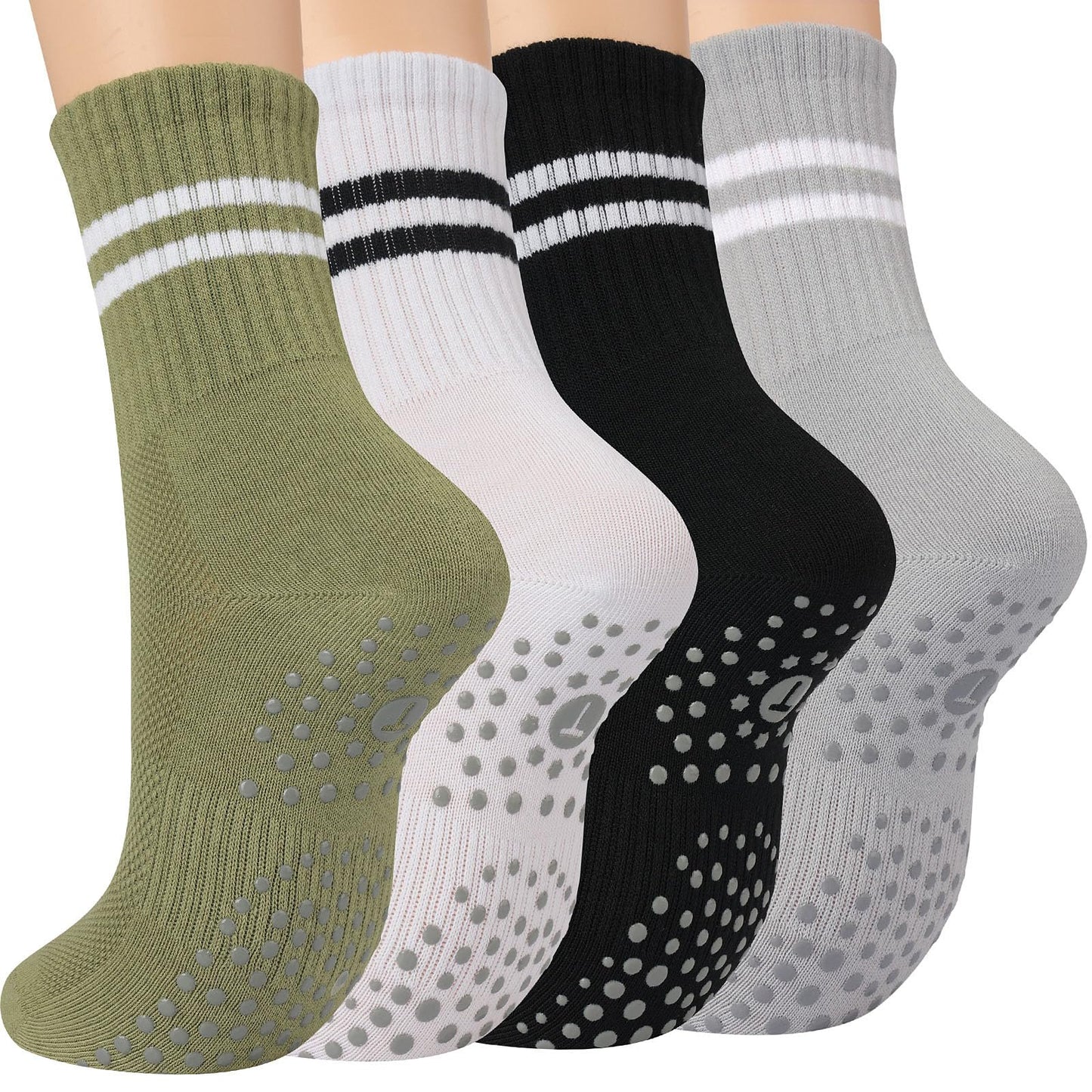 Toes Home Pilates Socks for Women with Non Slip Grippers, Yoga Crew Socks for Barre Hospital Sticky Slipper Socks 4 Pairs