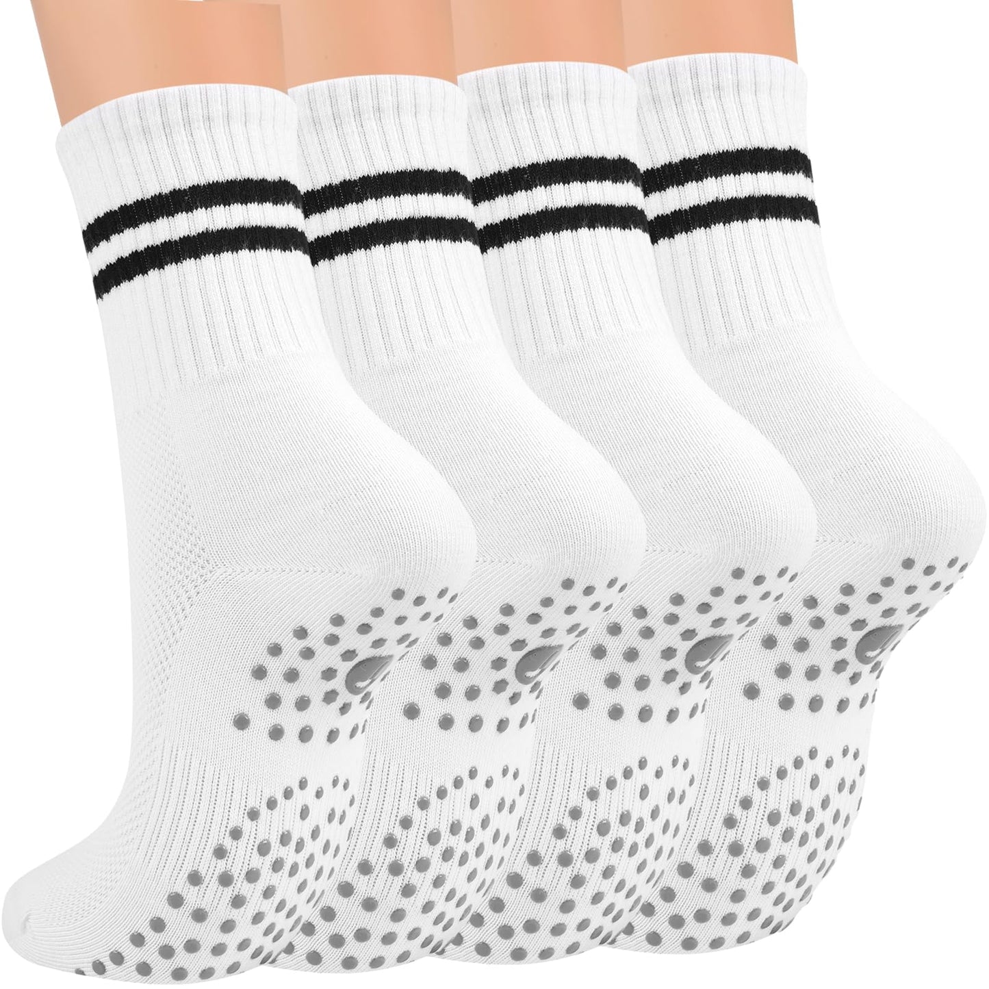 Toes Home Pilates Socks for Women with Non Slip Grippers, Yoga Crew Socks for Barre Hospital Sticky Slipper Socks 4 Pairs