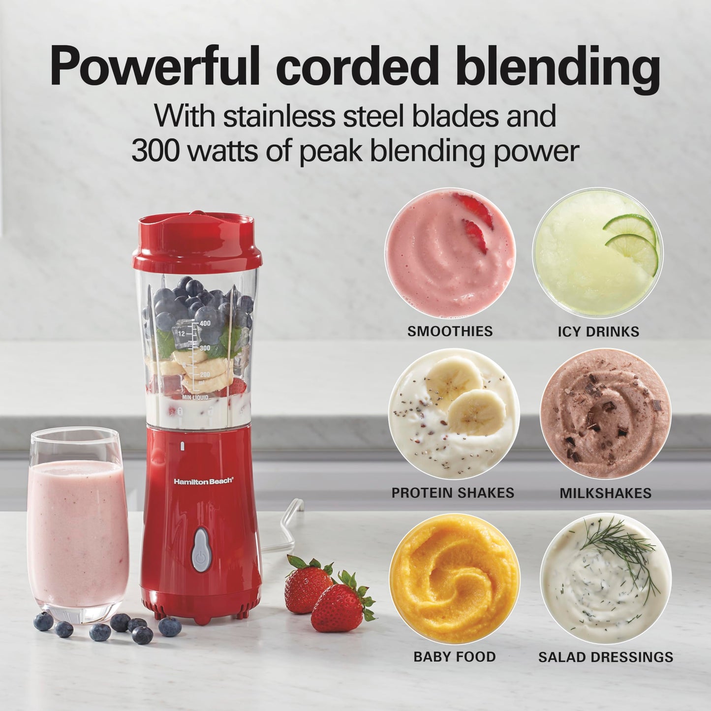 Hamilton Beach Portable Blender for Shakes and Smoothies with 14 Oz BPA Free Travel Cup and Lid, Durable Stainless Steel Blades for Powerful Blending Performance, Coral (51171)