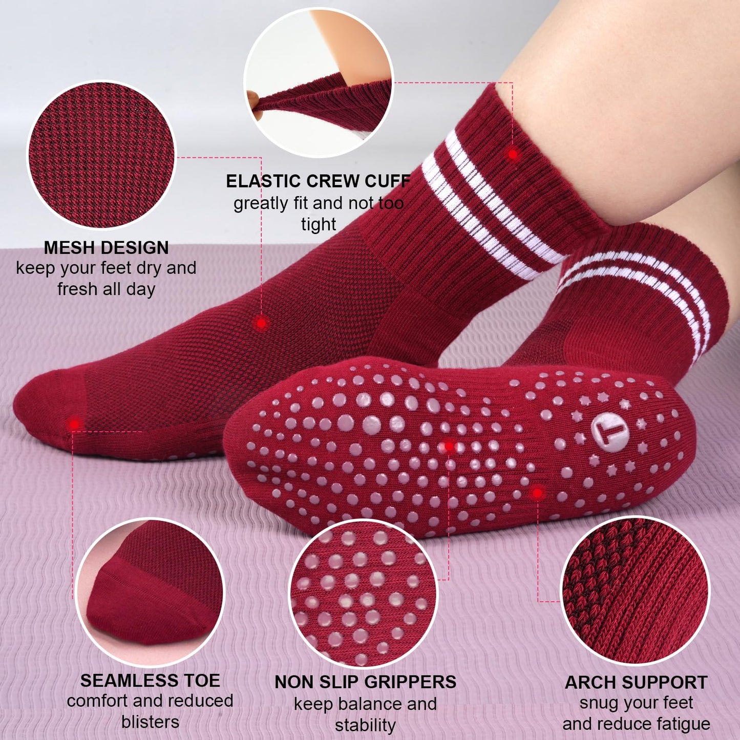 Toes Home Pilates Socks for Women with Non Slip Grippers, Yoga Crew Socks for Barre Hospital Sticky Slipper Socks 4 Pairs