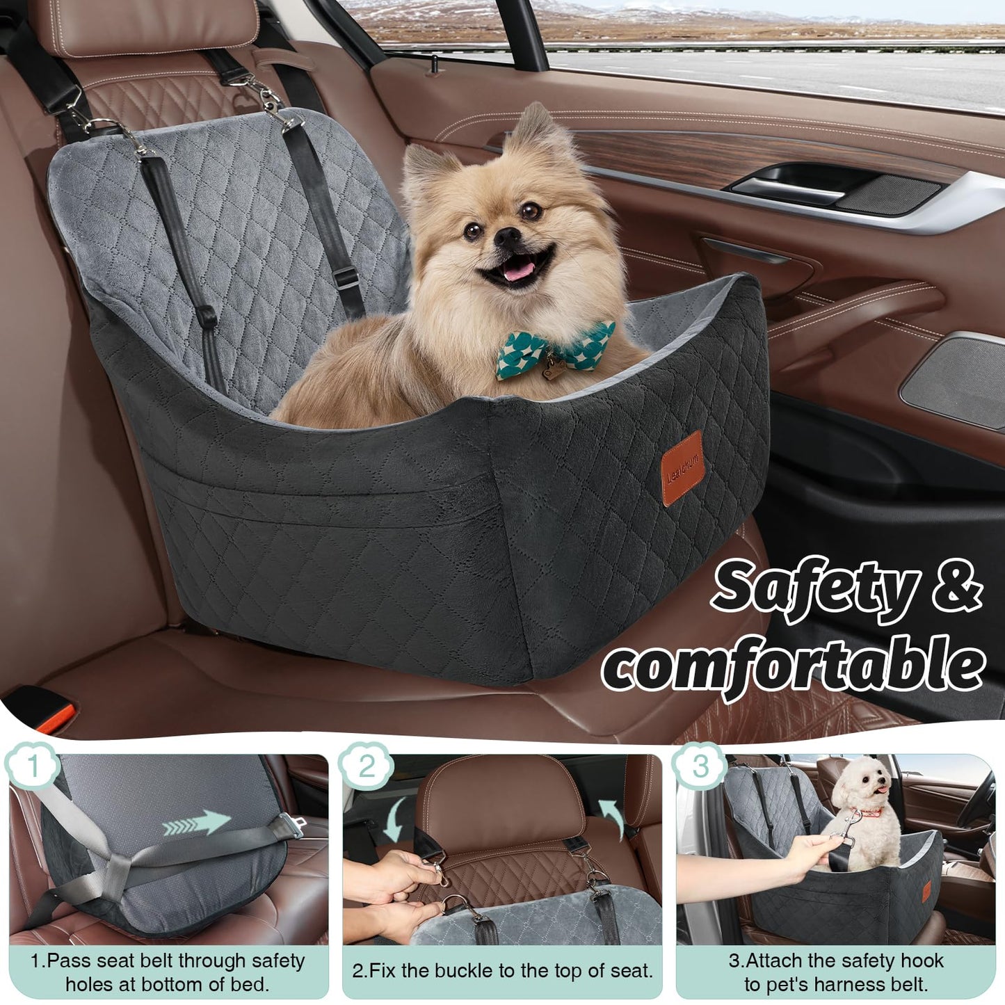 Dog Booster Car Seat,Pet Car Seat Easy to Install,Car Dog Bed with Anti Slip Bottom,Fully Detachable and Washable Dog Travel Car Bed,Snug Puppy Car Seat (Black/Coffee, Medium)