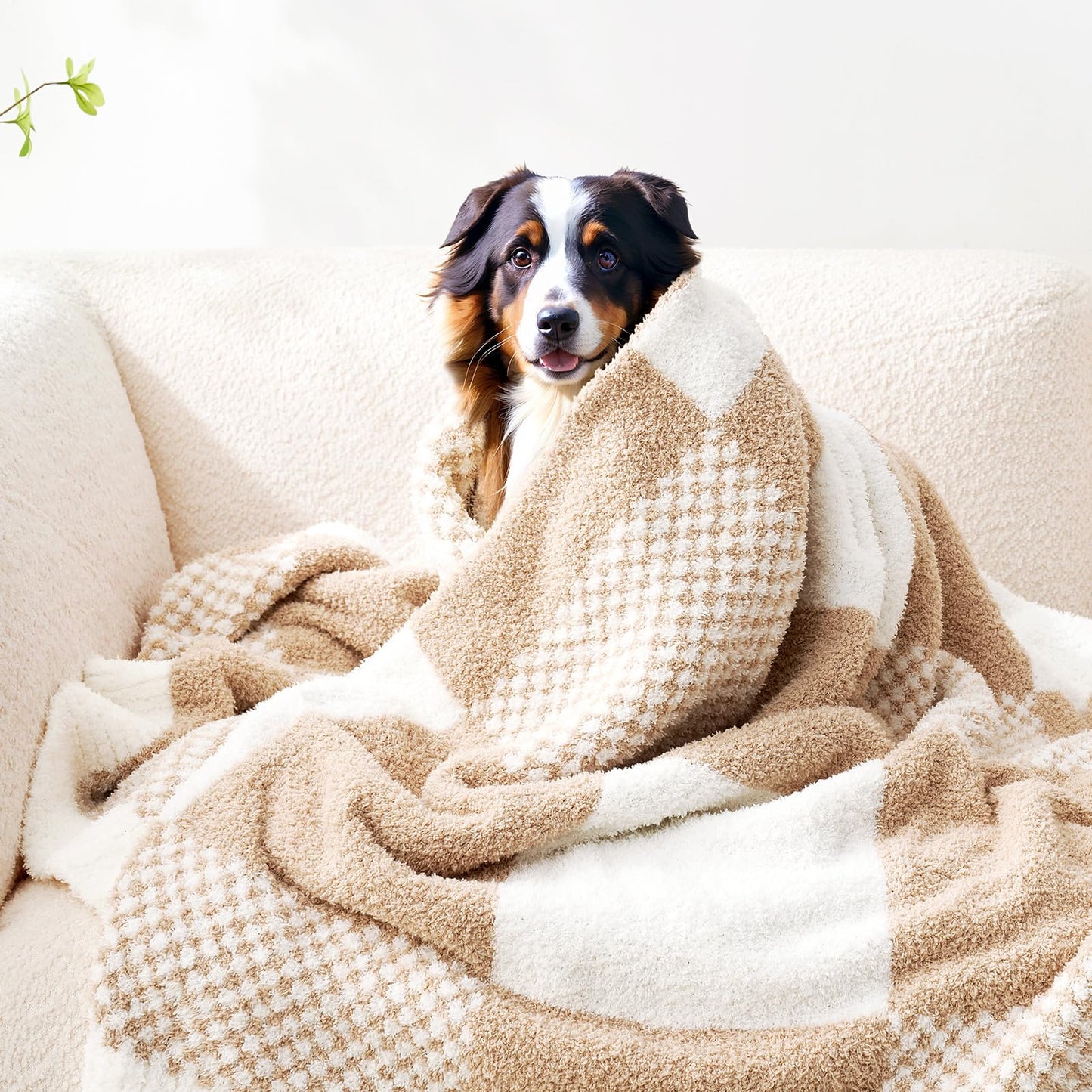 Snuggle Sac Checkered Blanket, Beige Throw Blanket for Couch Plaid Microfiber Fluffy Warm Cozy Fuzzy Soft Throw Blanket Reversible Checkerered Blankets for Sofa, Chair, Bed, 50x60 inches