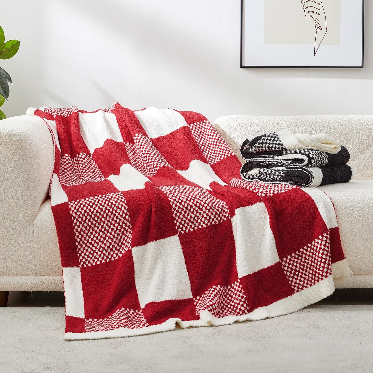 Snuggle Sac Checkered Blanket, Beige Throw Blanket for Couch Plaid Microfiber Fluffy Warm Cozy Fuzzy Soft Throw Blanket Reversible Checkerered Blankets for Sofa, Chair, Bed, 50x60 inches