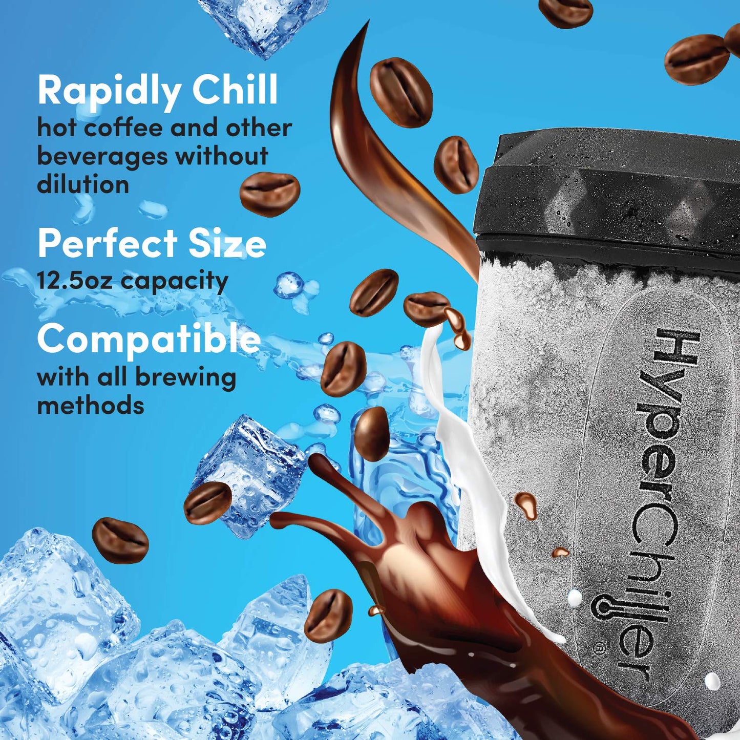 HyperChiller HC3 Patented Iced Coffee/Beverage Cooler, NEW, IMPROVED,STRONGER AND MORE DURABLE! Ready in One Minute, Reusable for Iced Tea, Wine, Spirits, Alcohol, Juice, 12.5 Oz, Black