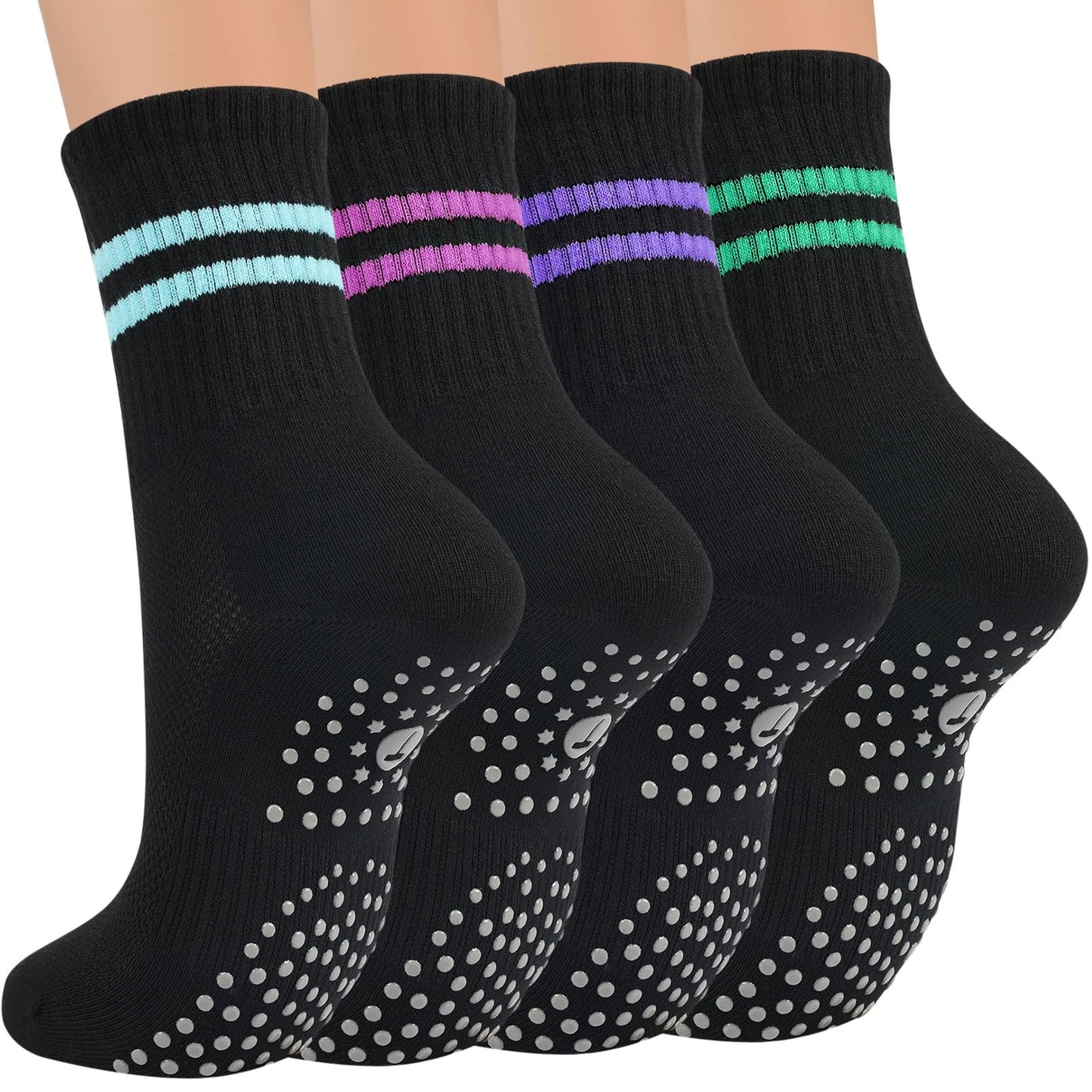 Toes Home Pilates Socks for Women with Non Slip Grippers, Yoga Crew Socks for Barre Hospital Sticky Slipper Socks 4 Pairs