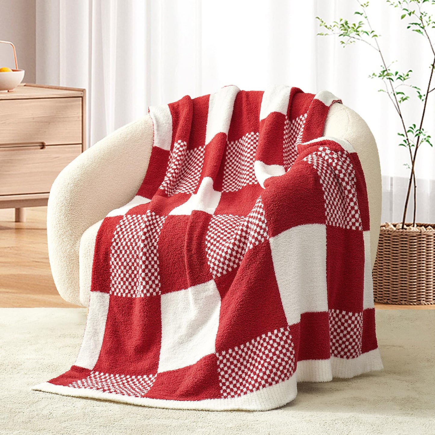 Snuggle Sac Checkered Blanket, Beige Throw Blanket for Couch Plaid Microfiber Fluffy Warm Cozy Fuzzy Soft Throw Blanket Reversible Checkerered Blankets for Sofa, Chair, Bed, 50x60 inches