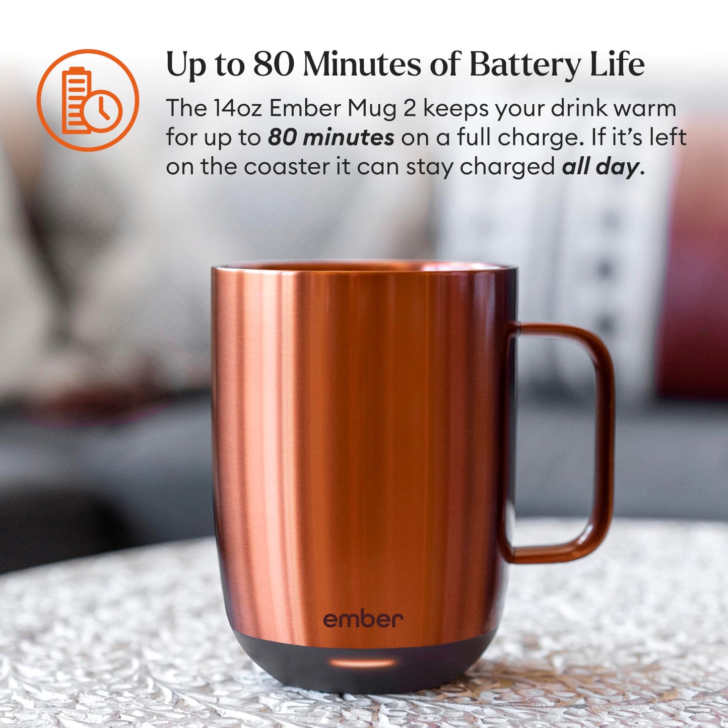 Ember Temperature Control Smart Mug 2, 10 Oz, App-Controlled Heated Coffee Mug with 80 Min Battery Life and Improved Design, Copper