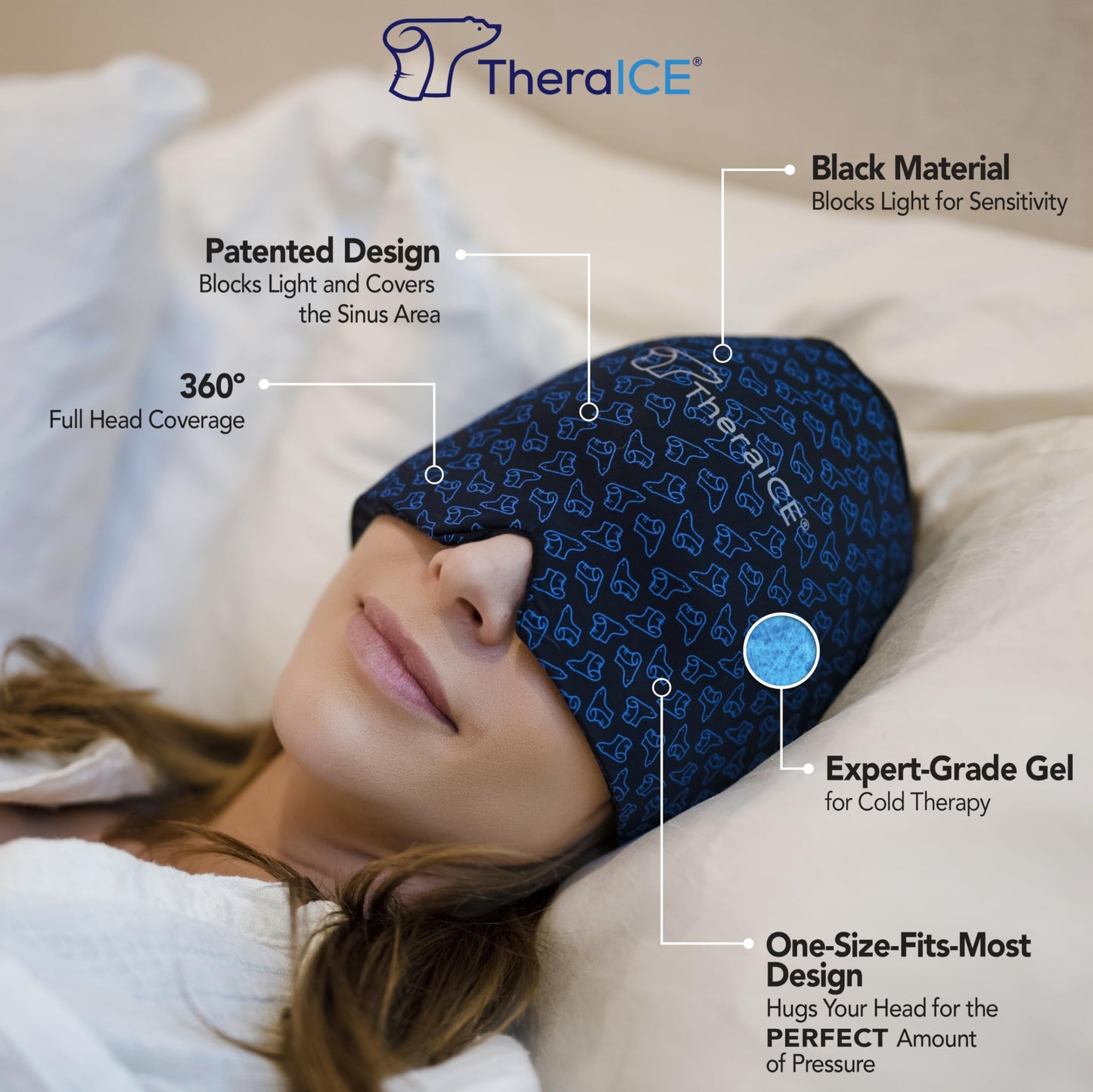 TheraICE Migraine Relief Cap, Soothing Headache Hat Ice Pack Mask, Face Cold Compress Cooling Gel Head Wrap Products for Tension, Stress & Hangover