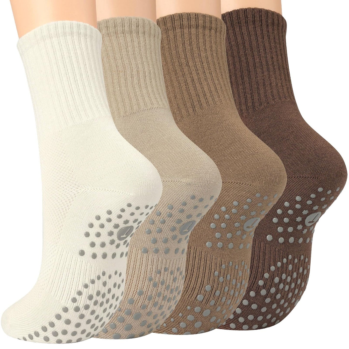 Toes Home Pilates Socks for Women with Non Slip Grippers, Yoga Crew Socks for Barre Hospital Sticky Slipper Socks 4 Pairs